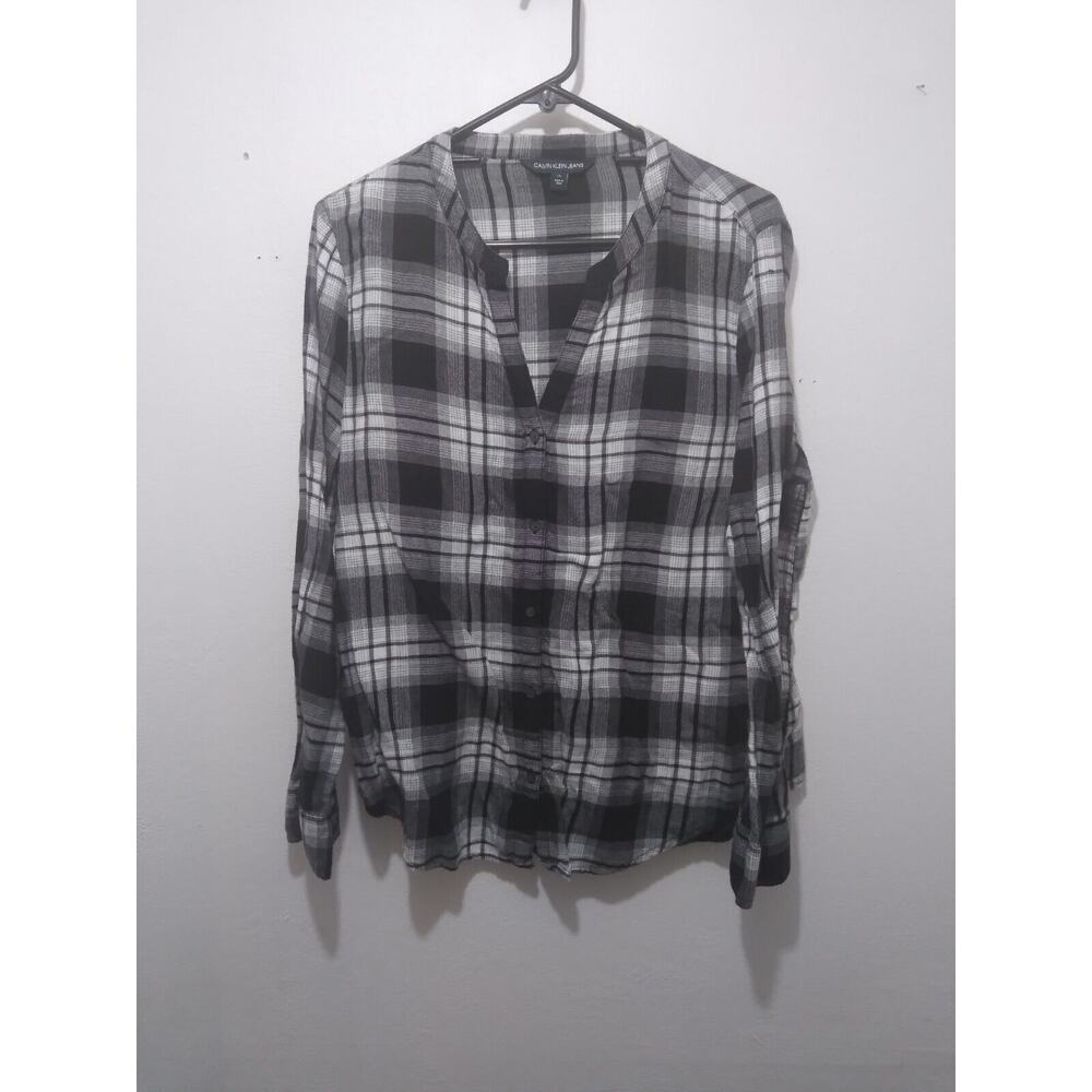 Calvin Klein Jeans Sz L Black Check Light Flannel Tab Sleeve Blouse